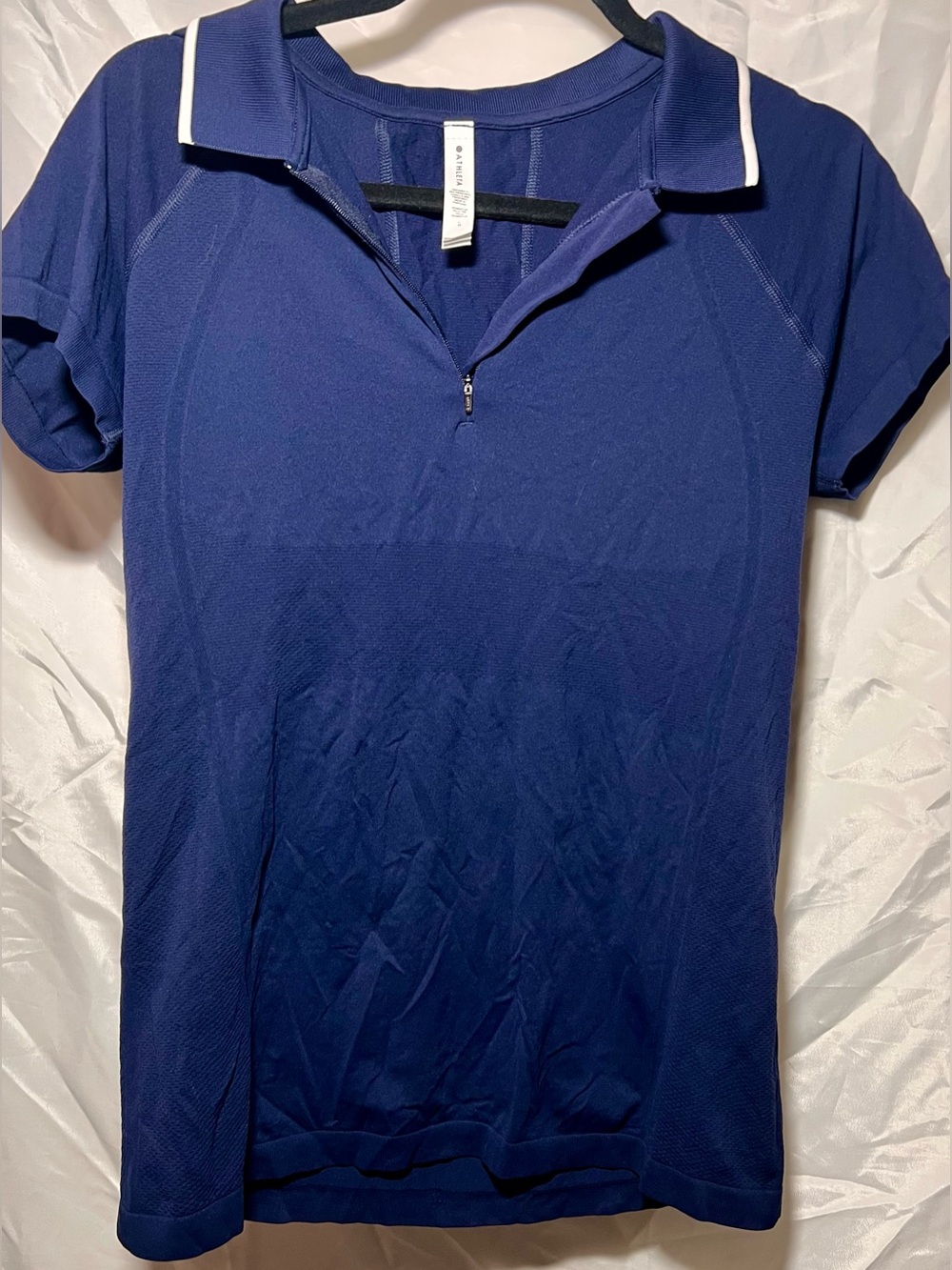 Athleta Momentum Polo Top Mesh Knit Performance Shirt Navy Blue size Large